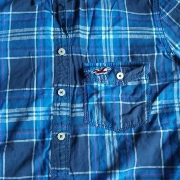 Hollister Button Up Shirt Mens M Plaid Blue Pink Long Sleeve Top - Picture 2 of 5